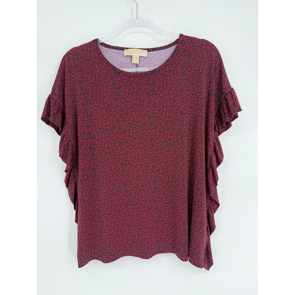 Michael Kors Womens Red Navy Paisley Ruffle Side Short Sleeve Top Sz P/L